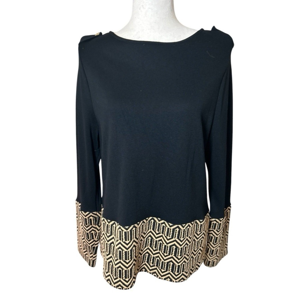 CHICO'S Sweater Knit Black Stretch Blouse Size 2 (Large) Brown Geometric Top